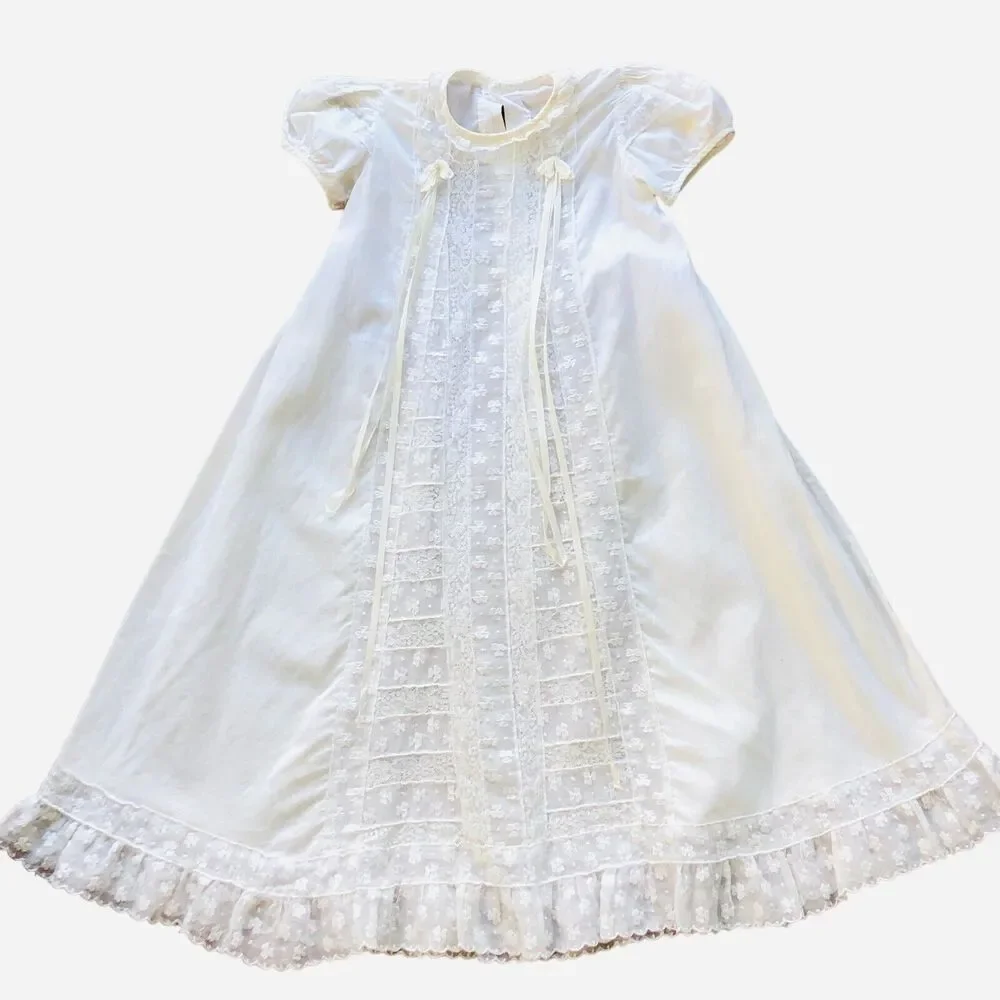 VTG Baby Christening 2 Piece -Gown And Slip Handmade Cotton Lace Baptismal Gown